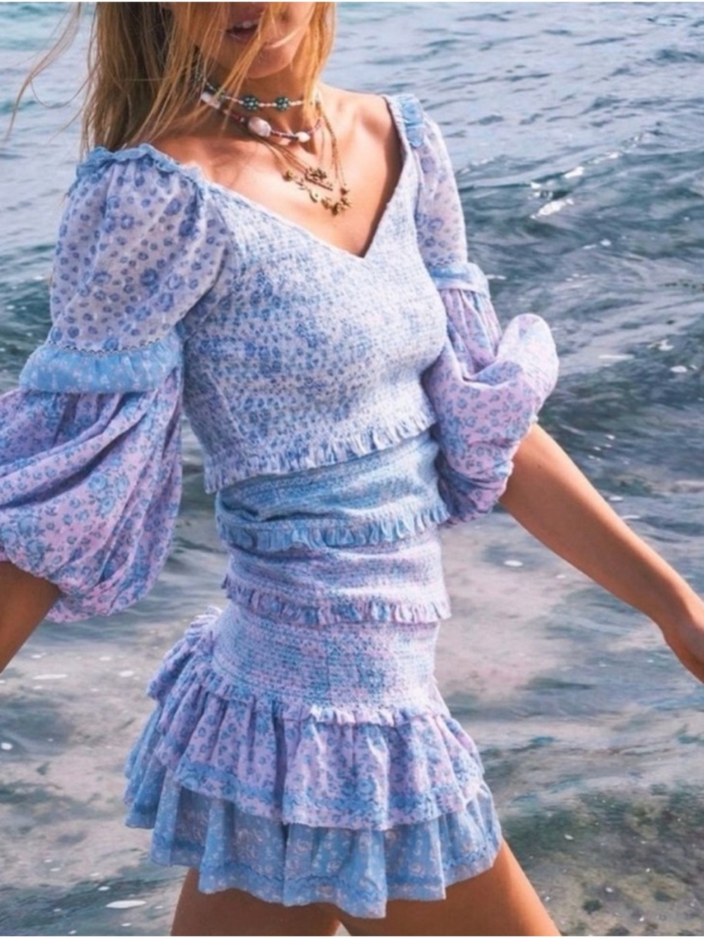LoveShackFancy Light Blue & Lavender Floral Smocked Midi Dress - Picture 3 of 3
